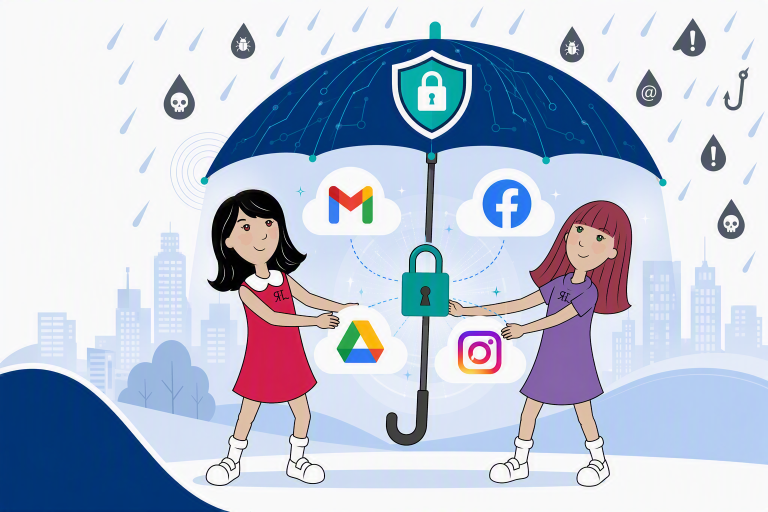 Minis kognos.pro protégeant comptes numériques sous un parapluie cybersécurisé.