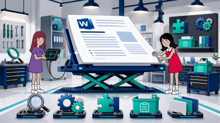 Minis kognos.pro réparant un document Word dans un atelier moderne.