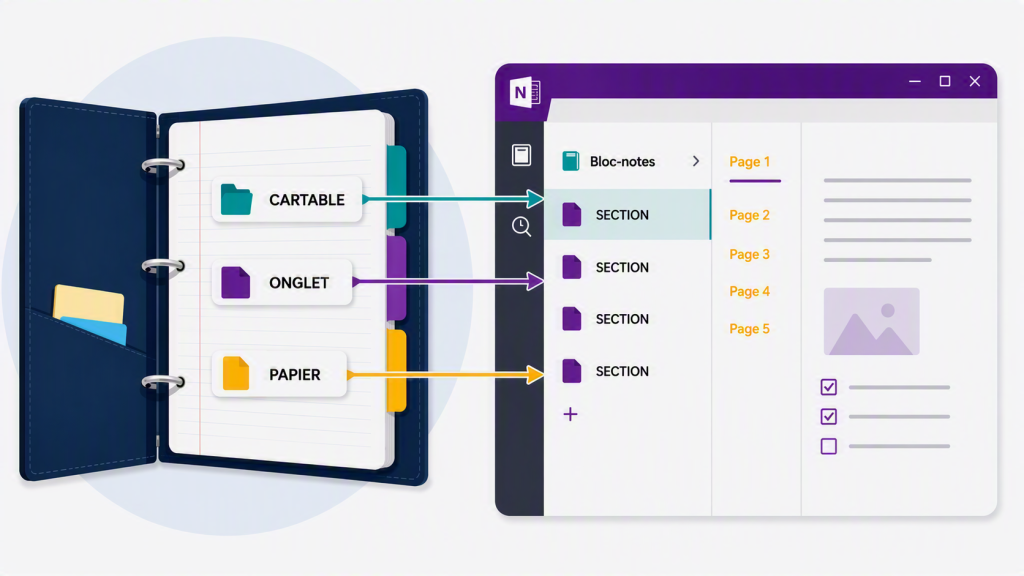 Comparaison entre cartable physique et organisation numérique dans OneNote.