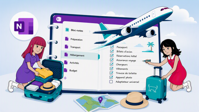 Liste de voyage OneNote organisée avec sections, pages et tâches.