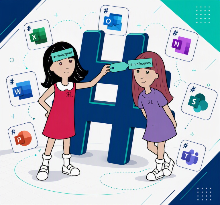 Minis kognos.pro utilisant hashtags pour organiser contenus et formations bureautiques.