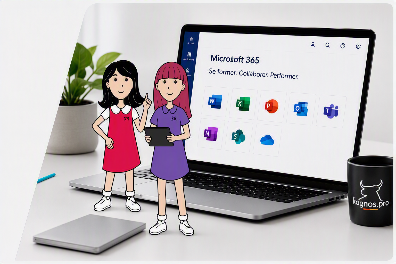 Les deux minis de kognos.pro devant un portable affichant Microsoft 365
