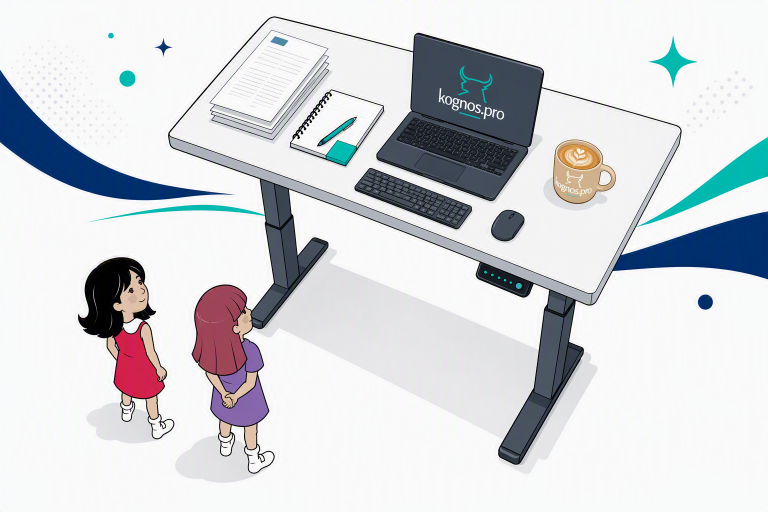 Minis kognos.pro observant un bureau assis-debout avec cappuccino.