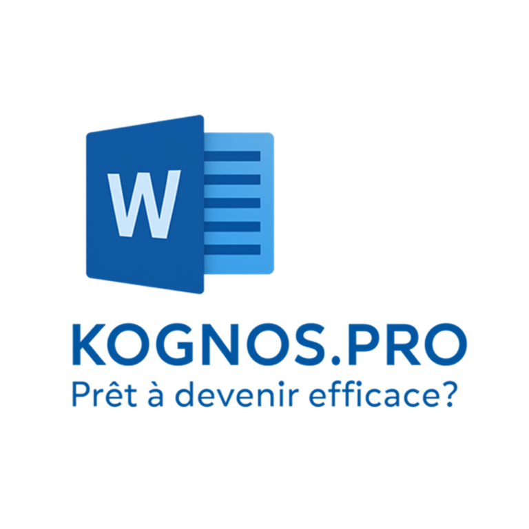 Logo Microsoft Word : icône bleue représentant un grand "W" blanc à gauche et plusieurs lignes horizontales ressemblant à du texte sur une page blanche à droite. kognos.pro Prêt à devenir efficace?
