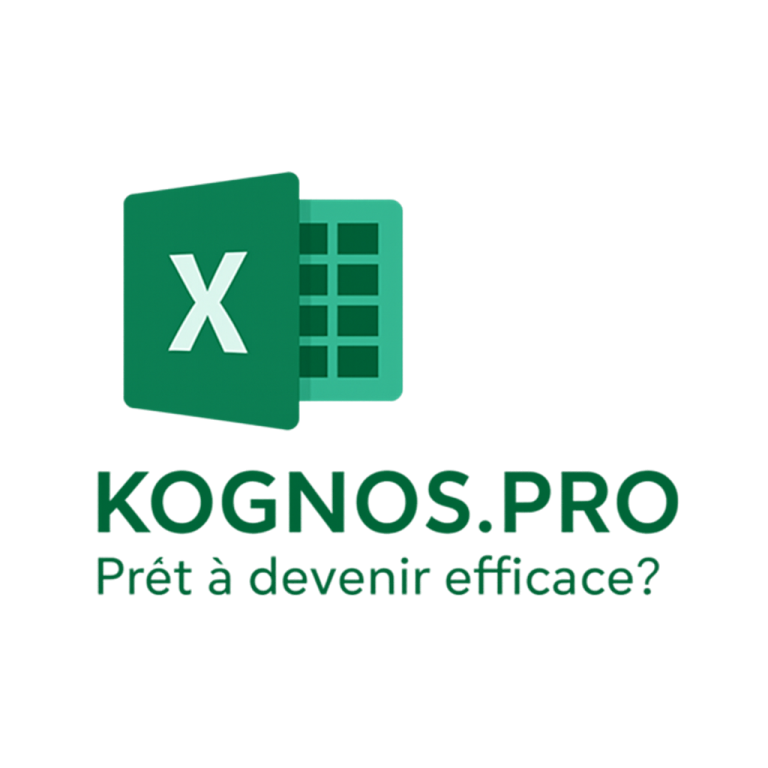 Logo de Microsoft Excel sur fond vert avec un grand "X" blanc à gauche et une grille de tableur stylisée à droite. kognos.pro Prêts à devenir efficace?