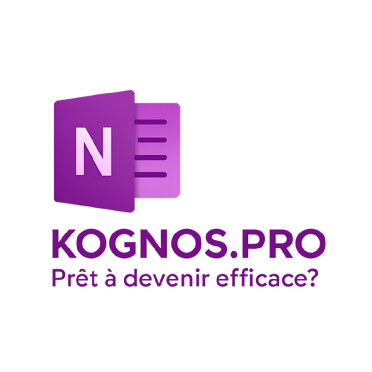 Logo Microsoft OneNote : icône mauve représentant un grand "N" blanc à gauche et une page de note à droite. kognos.pro Prêt à devenir efficace?