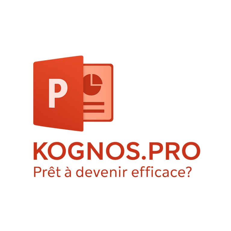 Logo Microsoft PowerPoint : icône orange représentant un grand "P" blanc à gauche et un graphique à droite. kognos.pro Prêt à devenir efficace?