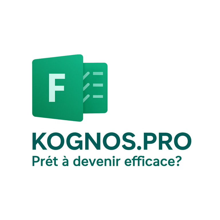 Logo de Microsoft Forms sur fond vert avec un grand "F" blanc à gauche et une grille de texte à droite. kognos.pro Prêts à devenir efficace?