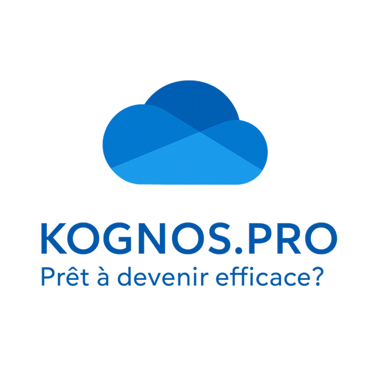 Logo de Microsoft OneDrive sur fond blanc avec un nuage bleu en haut et le texte kognos.pro Prêt à devenir efficace en bas.
