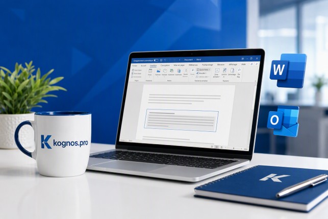 tasse kognos.pro près d’un ordinateur affichant Word et Outlook, ambiance professionnelle bleu et blanc.