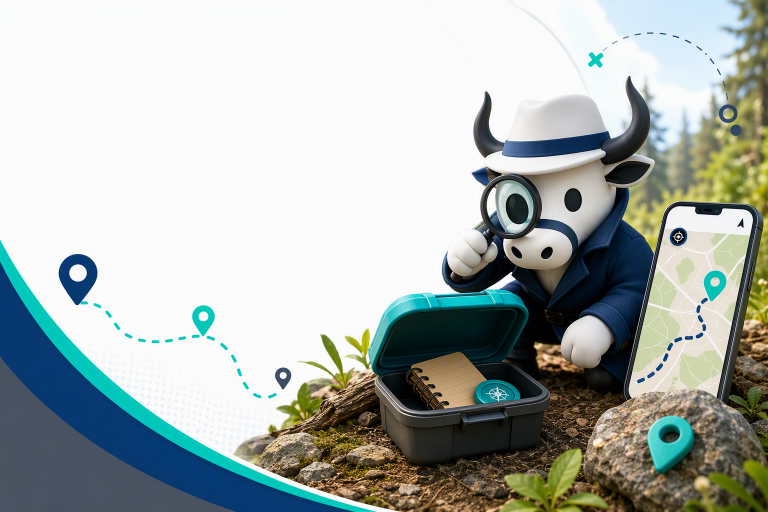 Illustration de géocaching avec un taureau inspecteur kognos.pro découvrant une géocache à l’aide d’un téléphone intelligent et d’un parcours GPS en pleine nature.