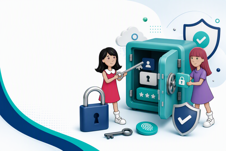 Image d'en-tête kognos.pro illustrant deux mascottes dans un environnement de cybersécurité avec cadenas, coffre-fort numérique et éléments de protection des mots de passe sur fond clair.