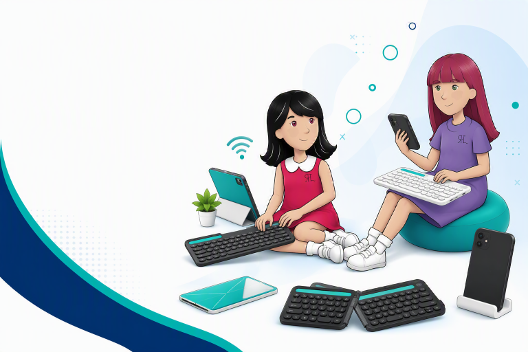Deux mascottes kognos.pro avec tablettes, téléphones et petits claviers dans un décor lumineux de productivité mobile.