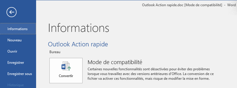 Mode backastage word pour voir l'option Convertir