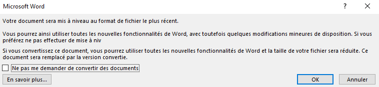 boite de dialogue avec message contenant information de la conversion mode compatibilité