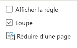 Options Loupe et Réduire d’une page dans l’aperçu avant impression.