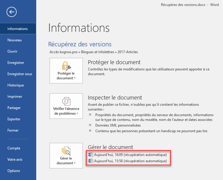 menu contextuel pour Onedrive et historique