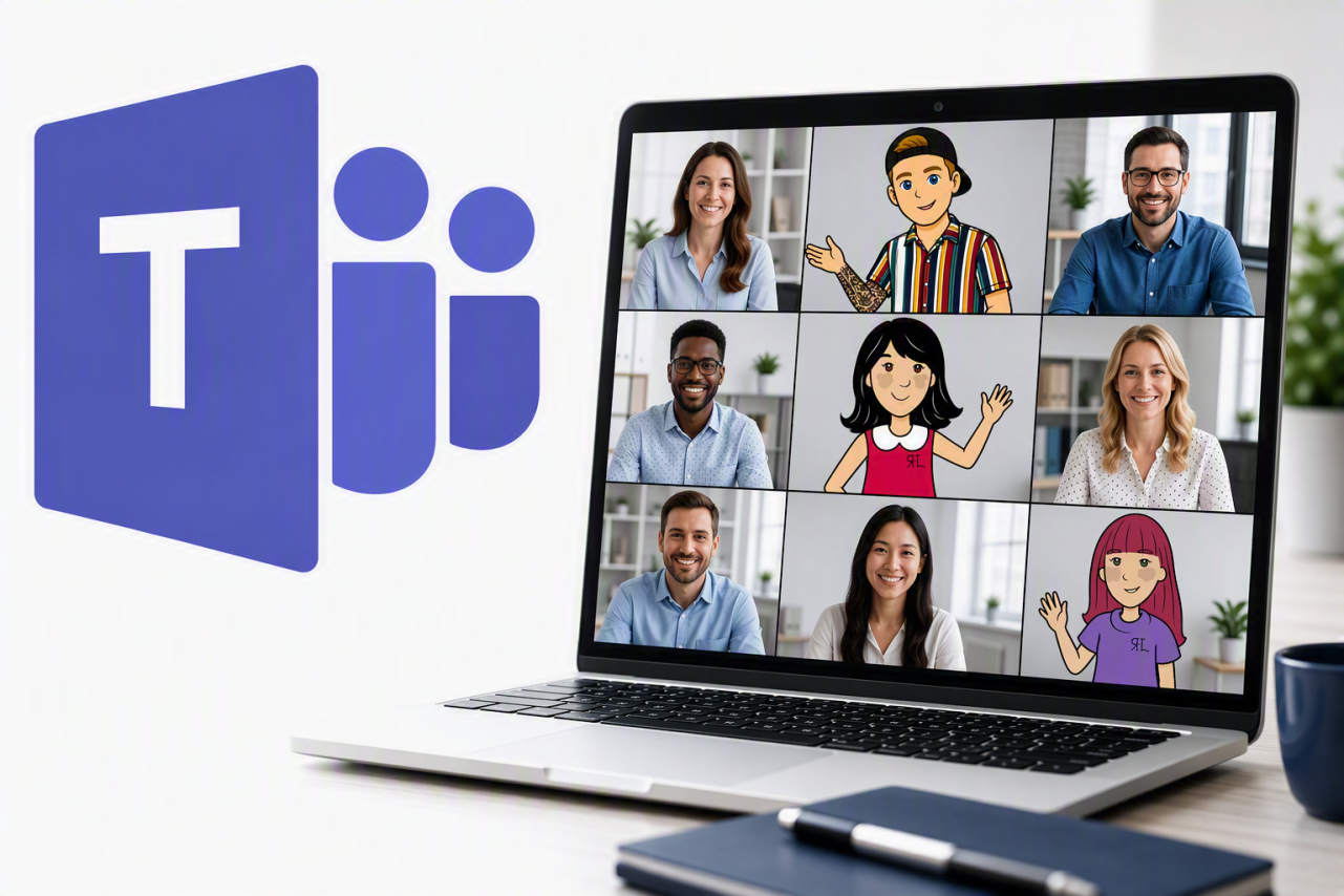 Illustration représentant une réunion Microsoft Teams avec les mascottes kognos.pro participant à une vidéoconférence aux côtés de collaborateurs. Un grand logo Teams apparaît à gauche de l'image.